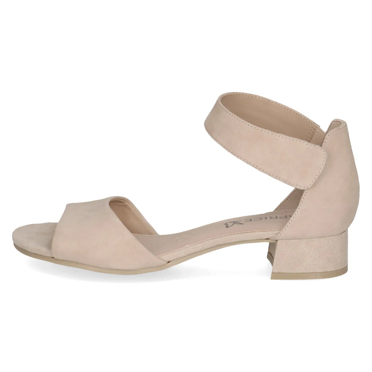 Ladies beige suede touch-fastening low-heeled sandals with ankle strap and open toe, stylish and comfortable for summer wear.