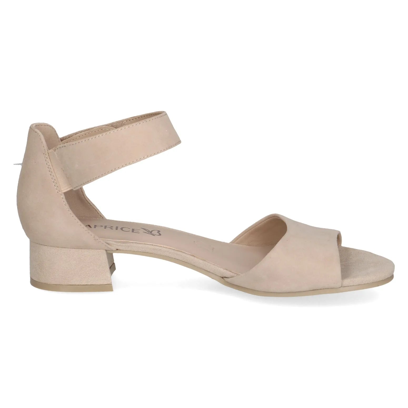 Caprice women's beige suede touch fastening low-heel sandals with ankle strap. Perfect for casual and dressy occasions.