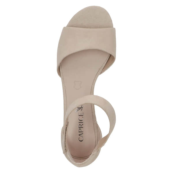 Women's beige suede touch fastening sandal with open toe and ankle strap, comfortable sandal for casual wear.