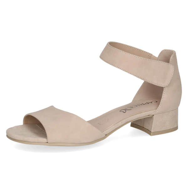 Caprice women's beige suede touch fastening sandals with low block heel and ankle strap.