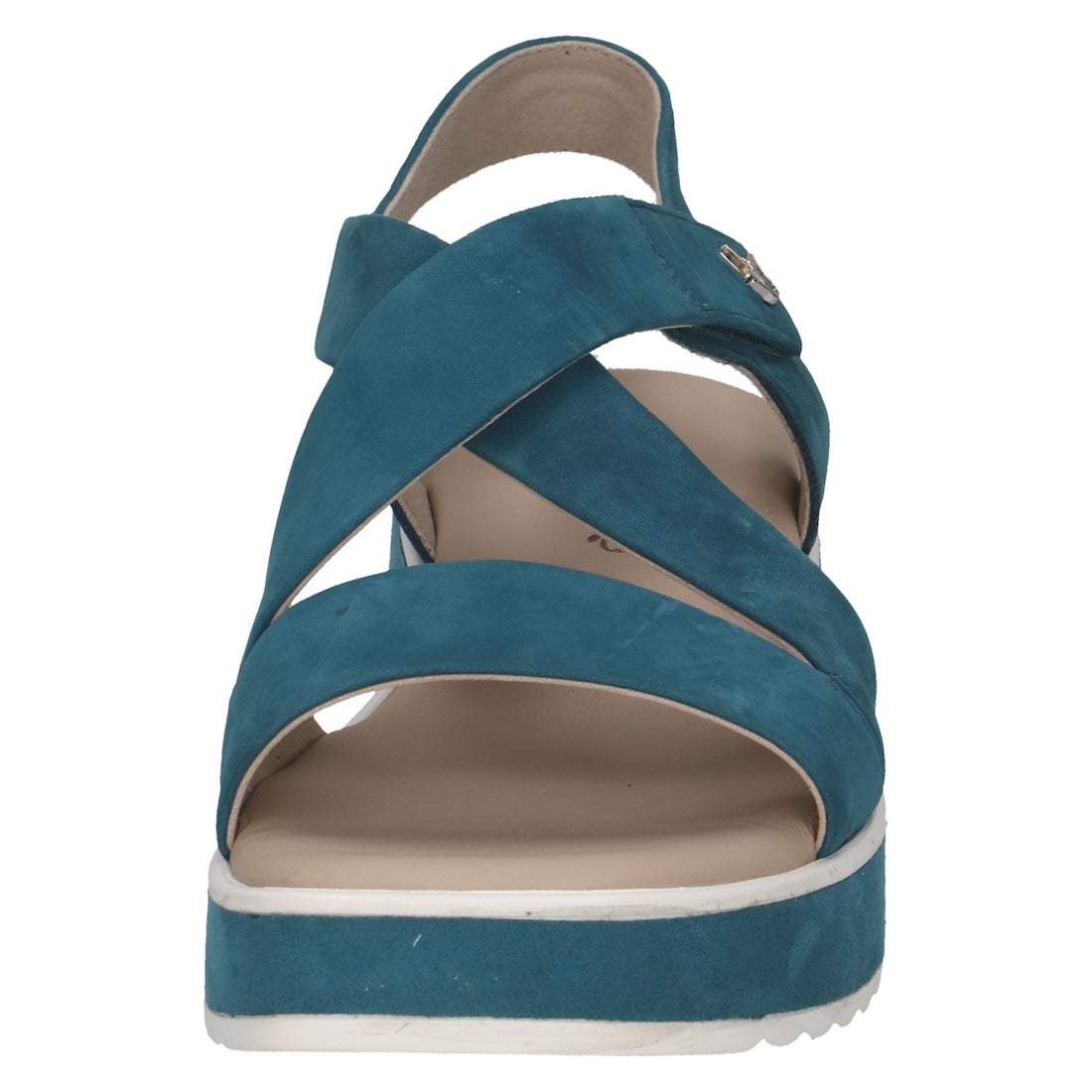 Caprice Eileen women's blue leather touch-fastening sandals with crisscross straps and cushioned footbed.