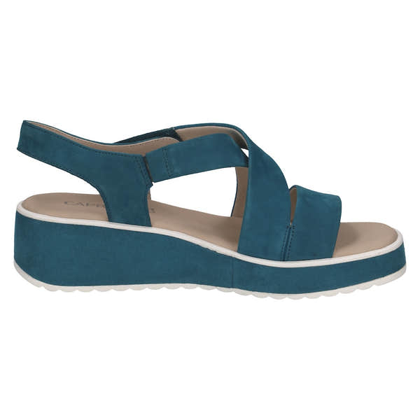 Caprice Eileen women's blue leather touch fastening sandal with wedge heel and open toe.