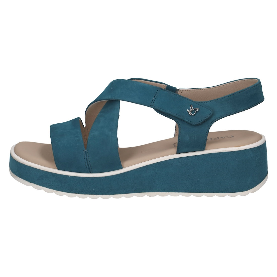 Caprice Eileen Ladies Blue Leather Touch Fastening Sandals with cushioned sole and platform heel.