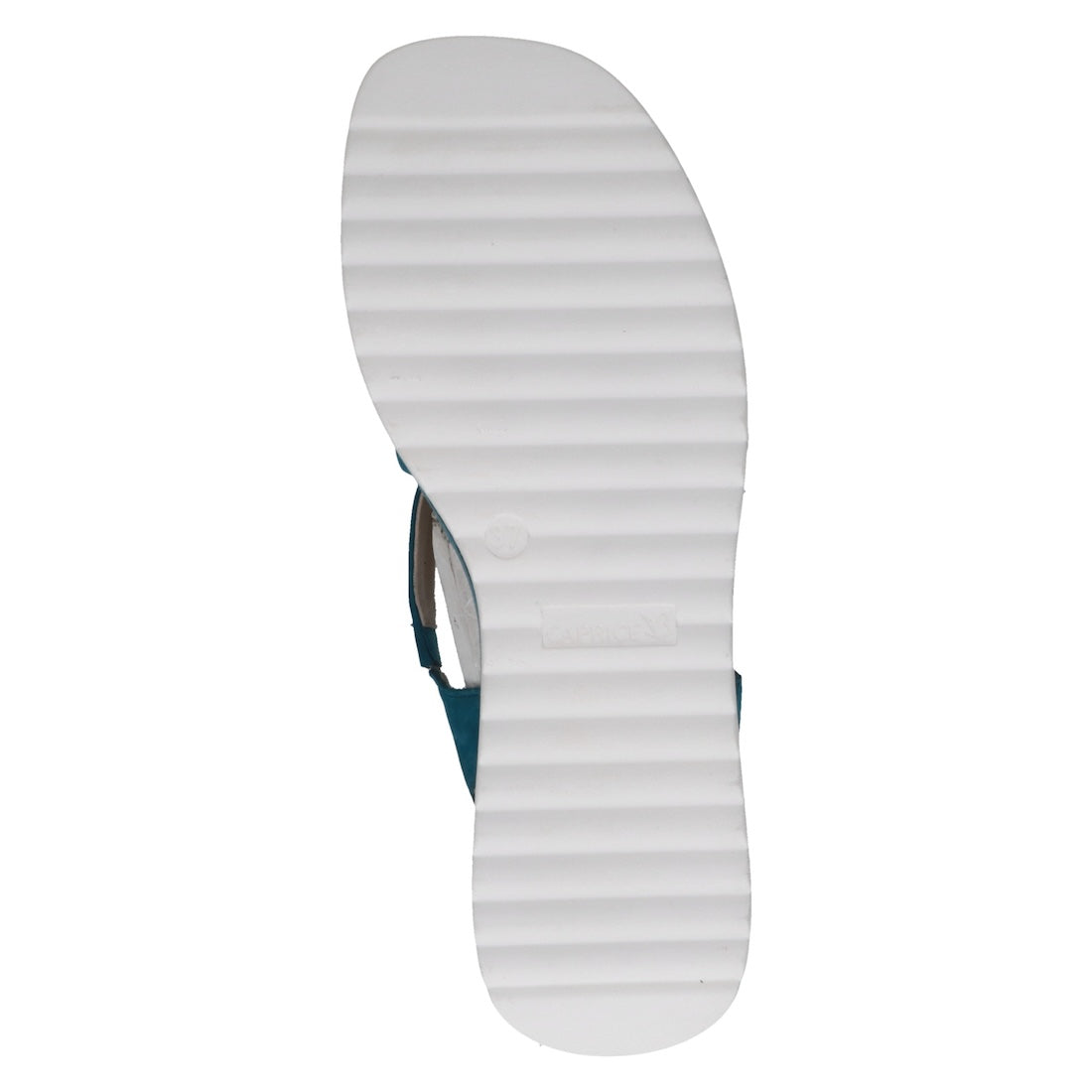 Caprice Eileen ladies' blue leather touch-fastening sandals with a white rubber sole.