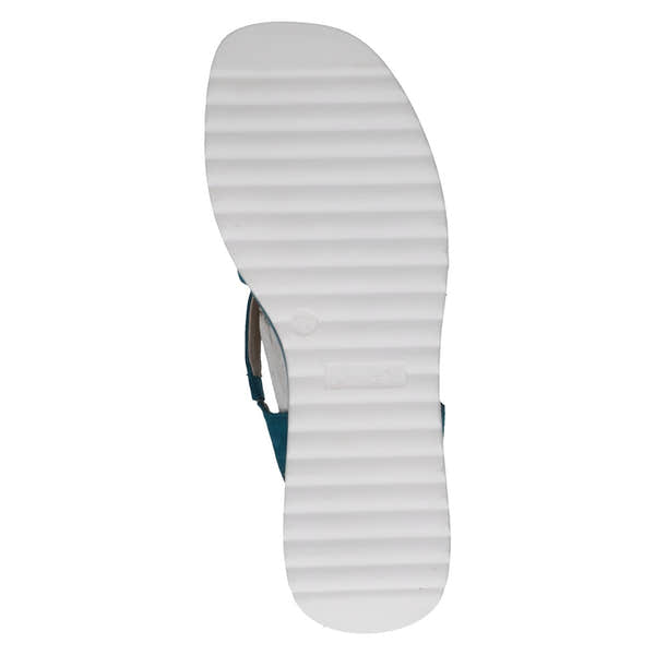 Caprice Eileen ladies' blue leather touch-fastening sandals with a white rubber sole.