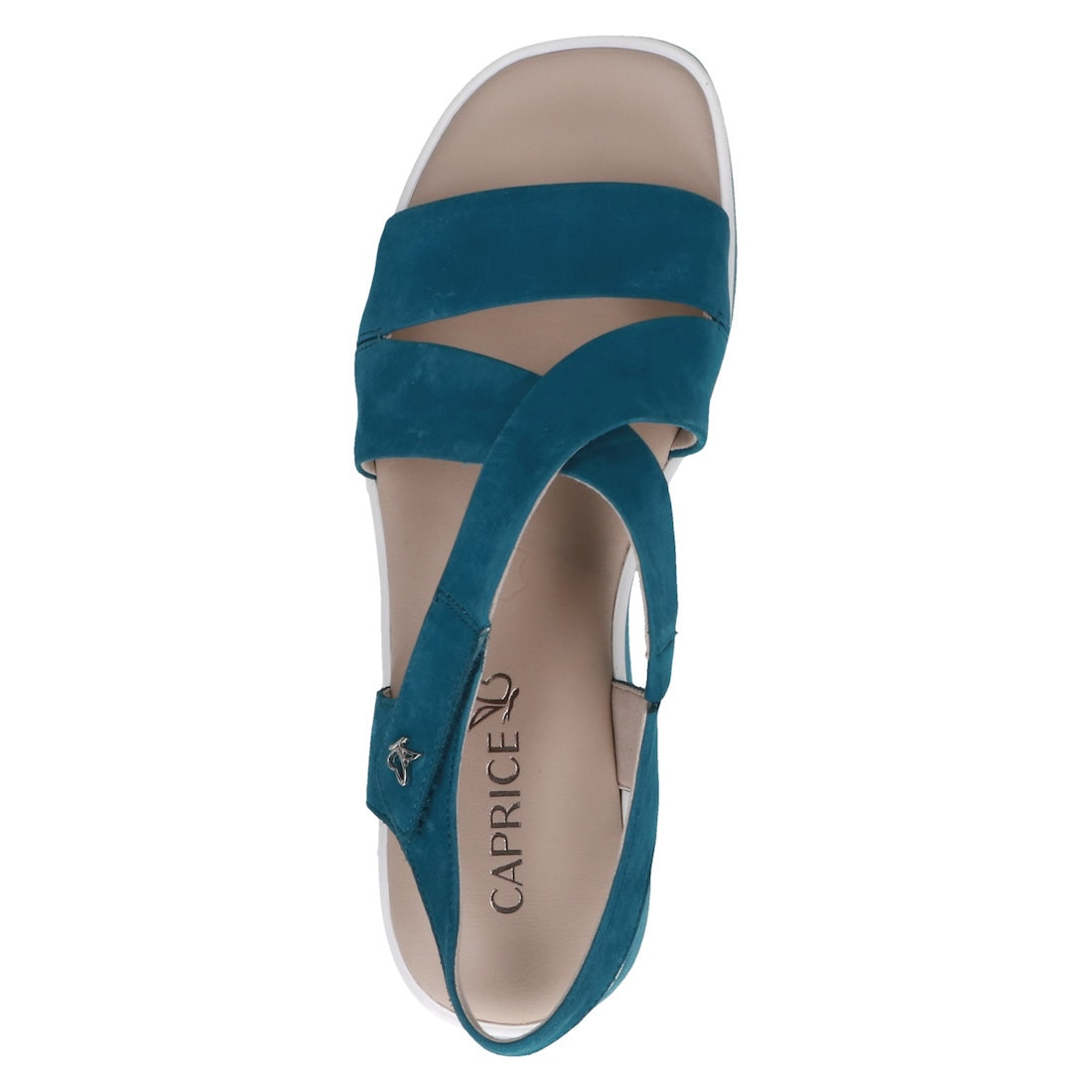 Blue leather touch fastening sandals for women with crisscross straps and cushioned footbed.