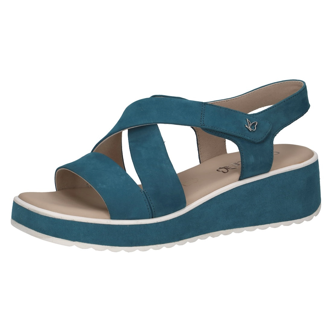 Caprice Eileen women's blue leather touch fastening wedge sandals with open toe and adjustable strap.