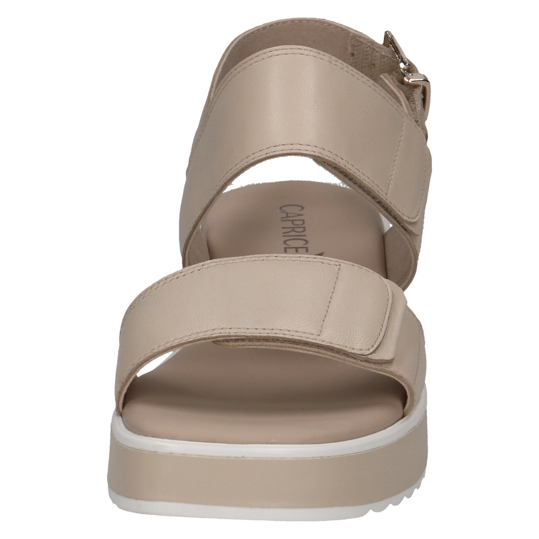 Caprice women's off-white leather touch fastening sandals with adjustable straps and chunky sole.