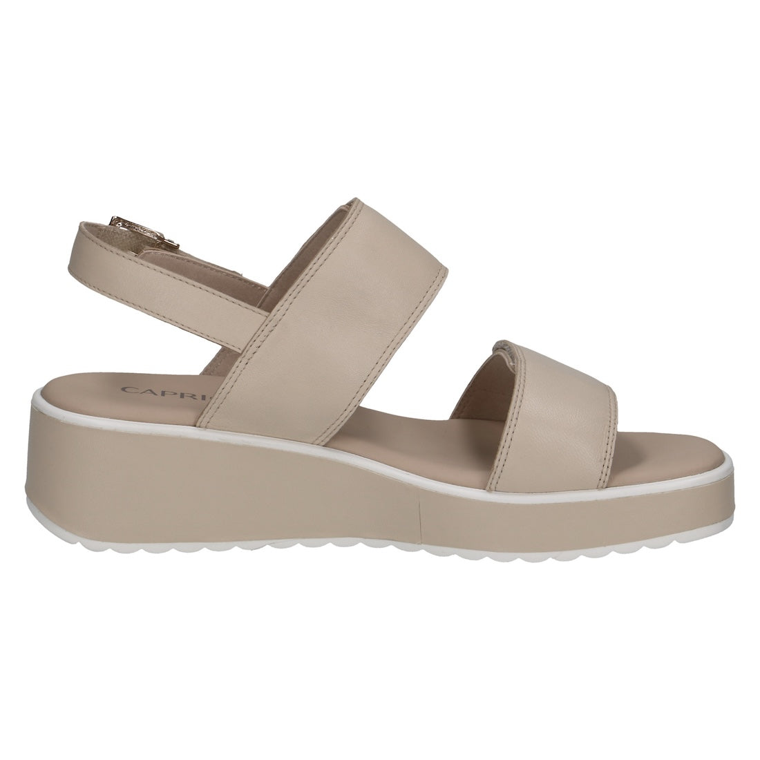 Caprice women's off-white leather touch fastenings platform sandals with ankle strap and chunky sole.