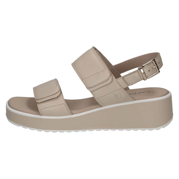 Caprice 9-28307-44 170 E women's off-white leather touch-fastening sandals with chunky wedge sole and ankle strap.