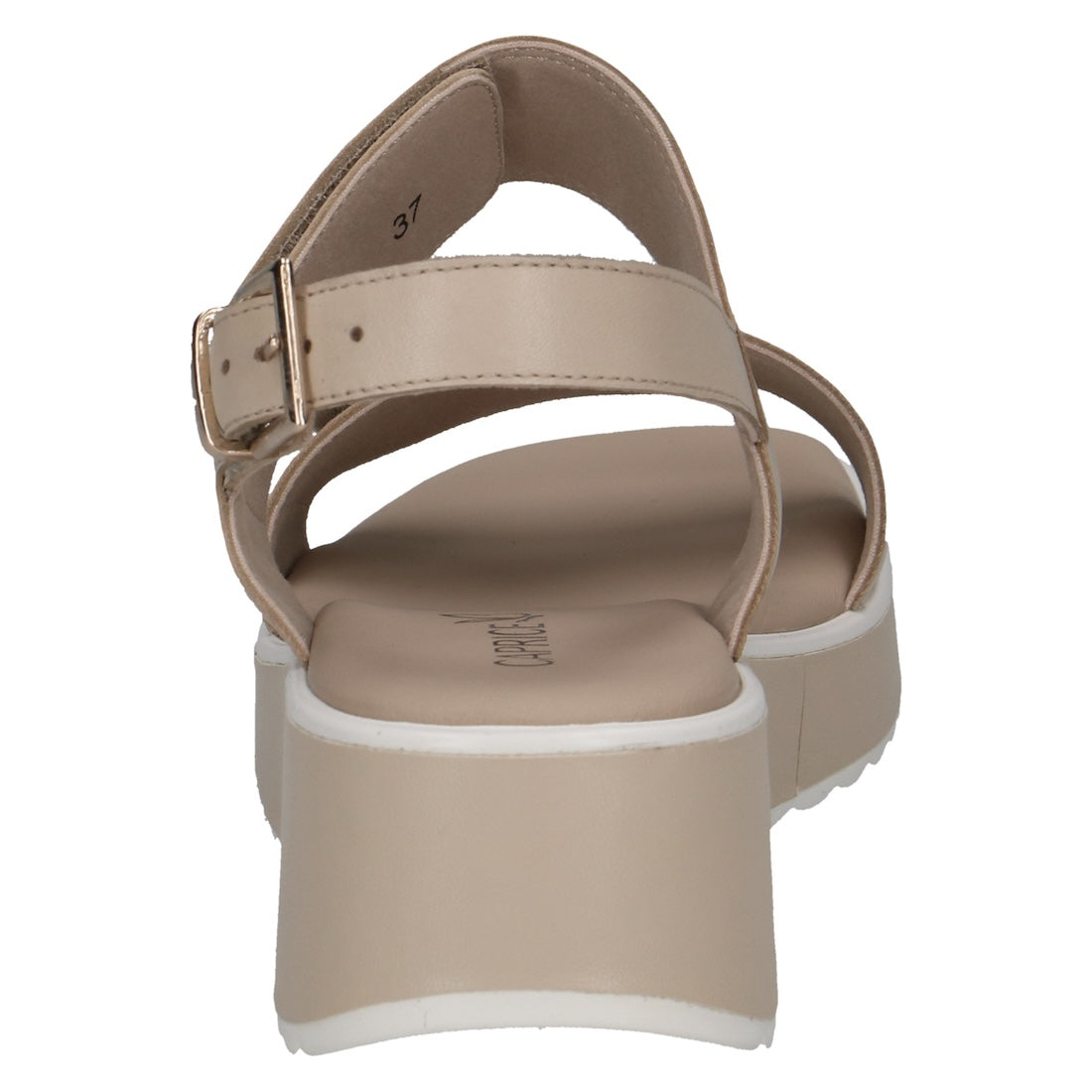 Caprice women's off-white leather sandals with touch fastening straps, chunky platform sole, and comfortable footbed.