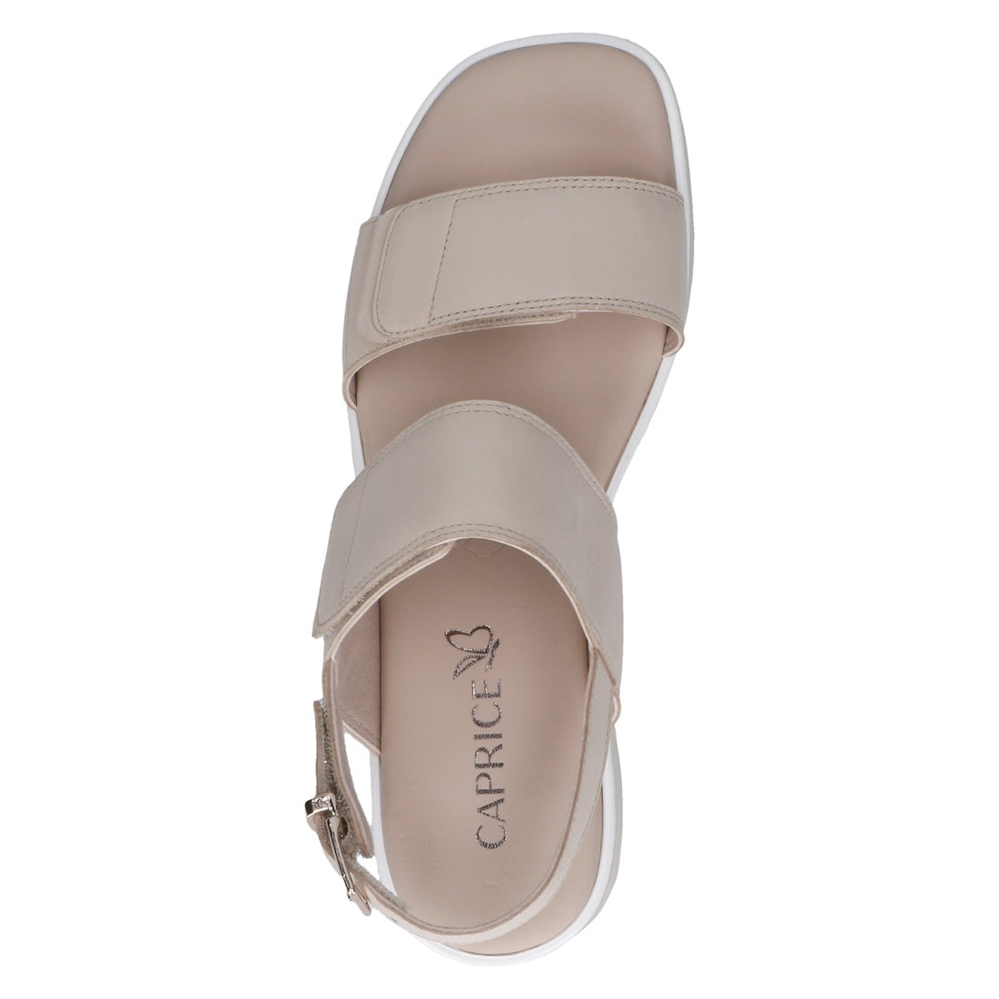 Caprice women's off-white leather touch-fastening sandals with two wide straps and cushioned footbed.