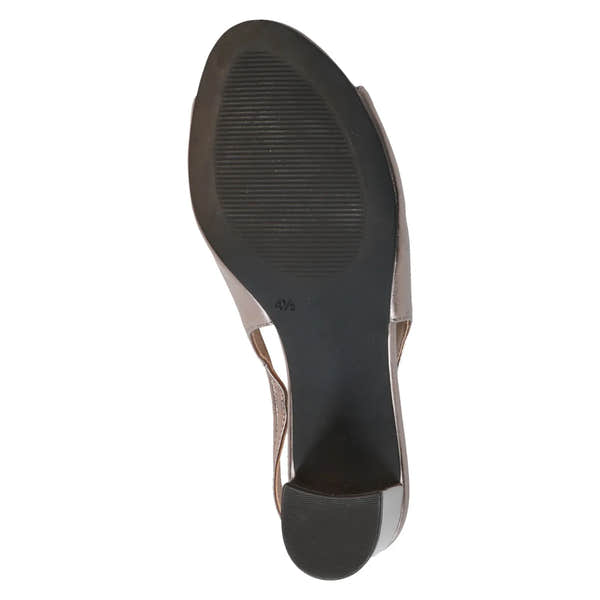 Caprice ladies brown metallic leather buckle sandals with low heel and slip-resistant sole.