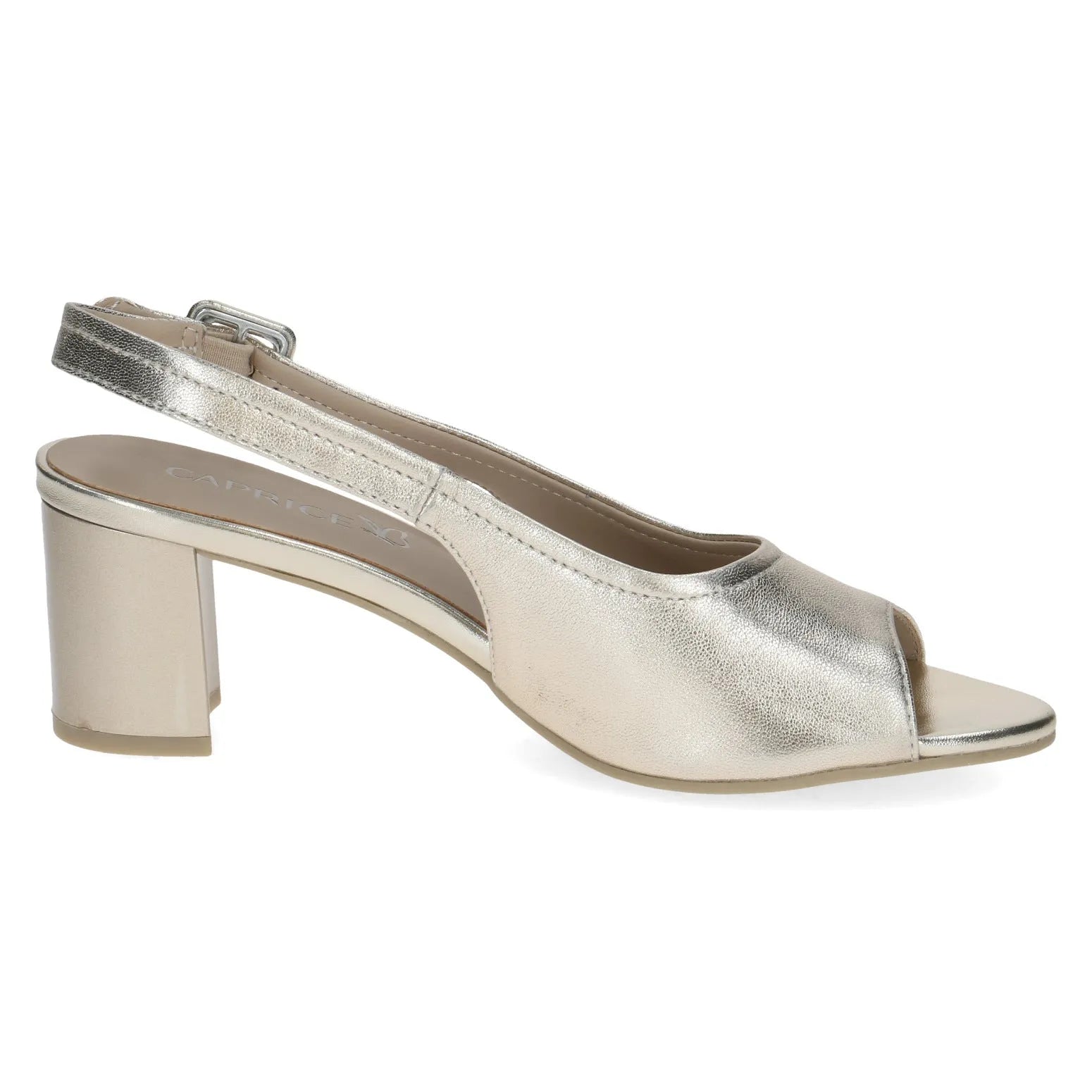 Caprice women's light gold leather slingback sandals with buckle strap and block heel.