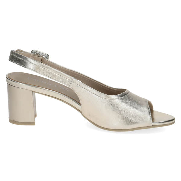 Caprice women's light gold leather slingback sandals with buckle strap and block heel.