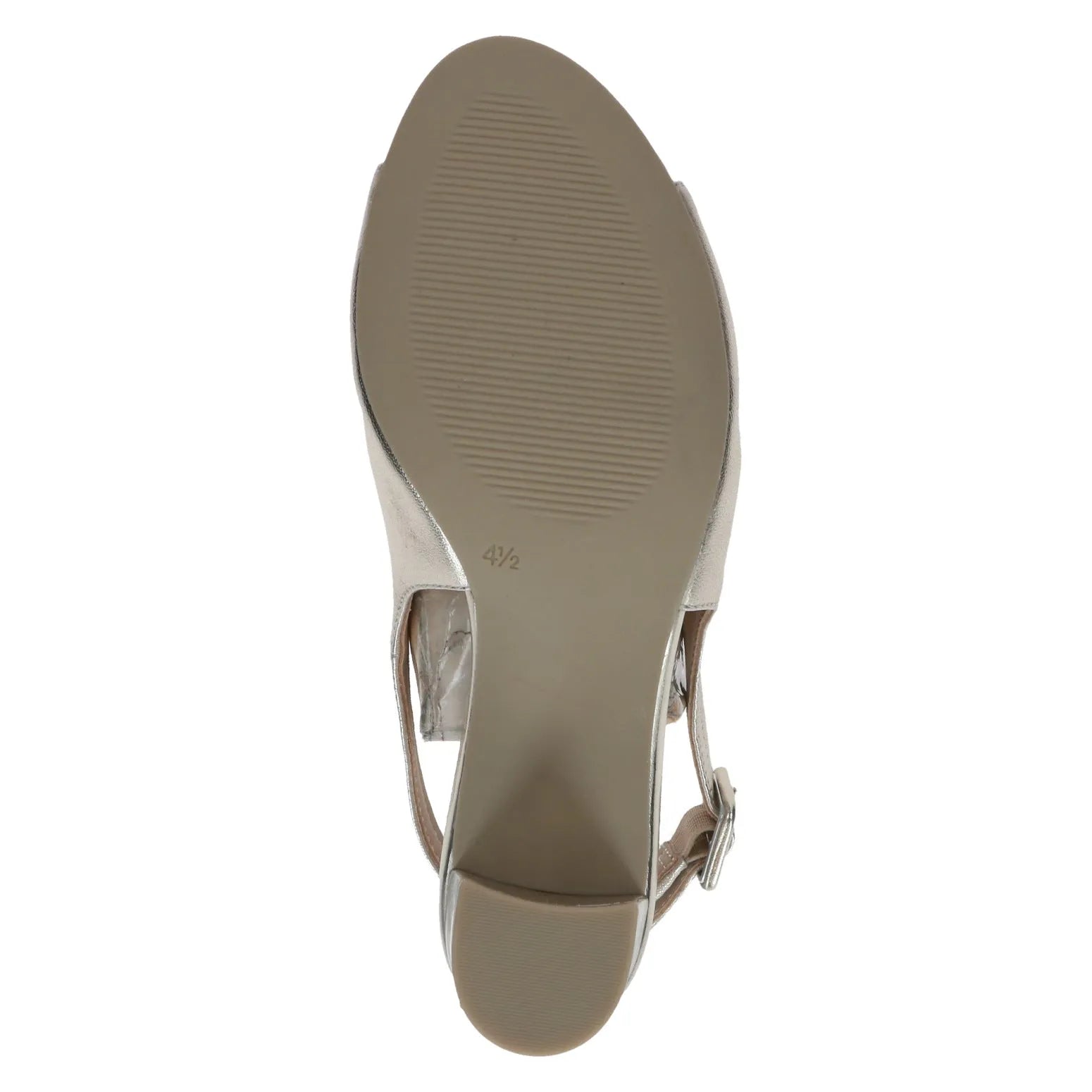 Ladies light gold leather buckle sandals with a 4.5-inch heel and textured sole.