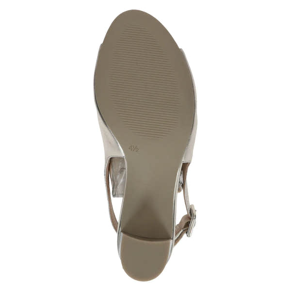 Ladies light gold leather buckle sandals with a 4.5-inch heel and textured sole.