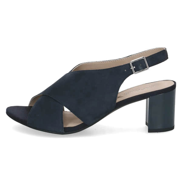 Caprice Women's Ocean Suede Buckle Sandals with Block Heel, open toe, ankle strap, dark navy color.