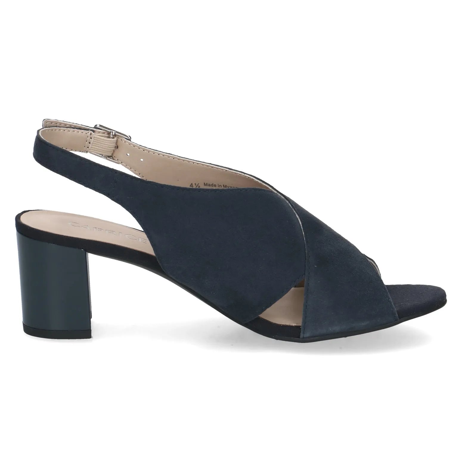 Ladies navy suede buckle sandals with open toe, ankle strap, and block heel for stylish summer wear.