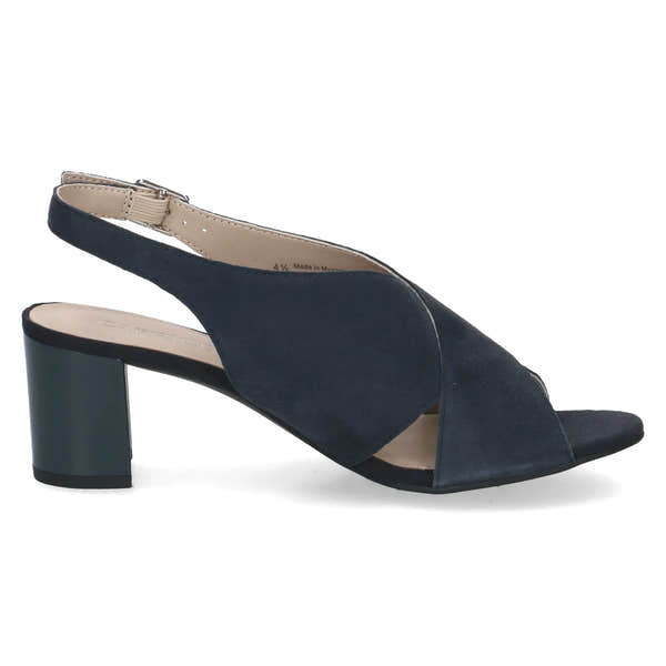 Ladies navy suede buckle sandals with open toe, ankle strap, and block heel for stylish summer wear.