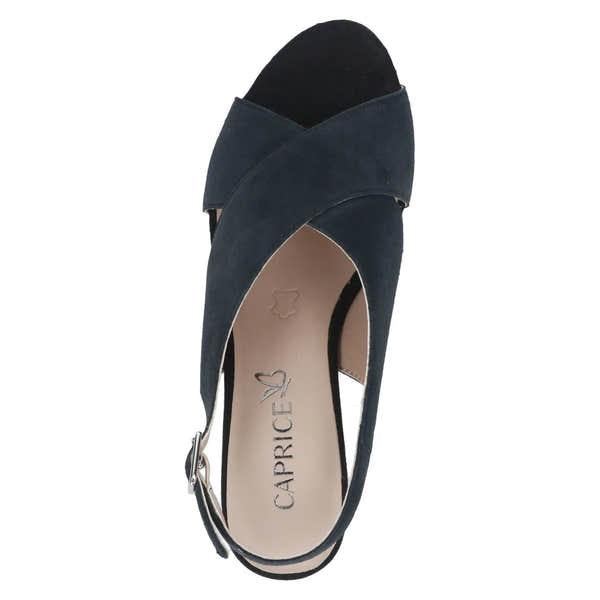 Ladies Ocean suede buckle sandals, black with crossed straps and ankle buckle, comfortable slip-on style.