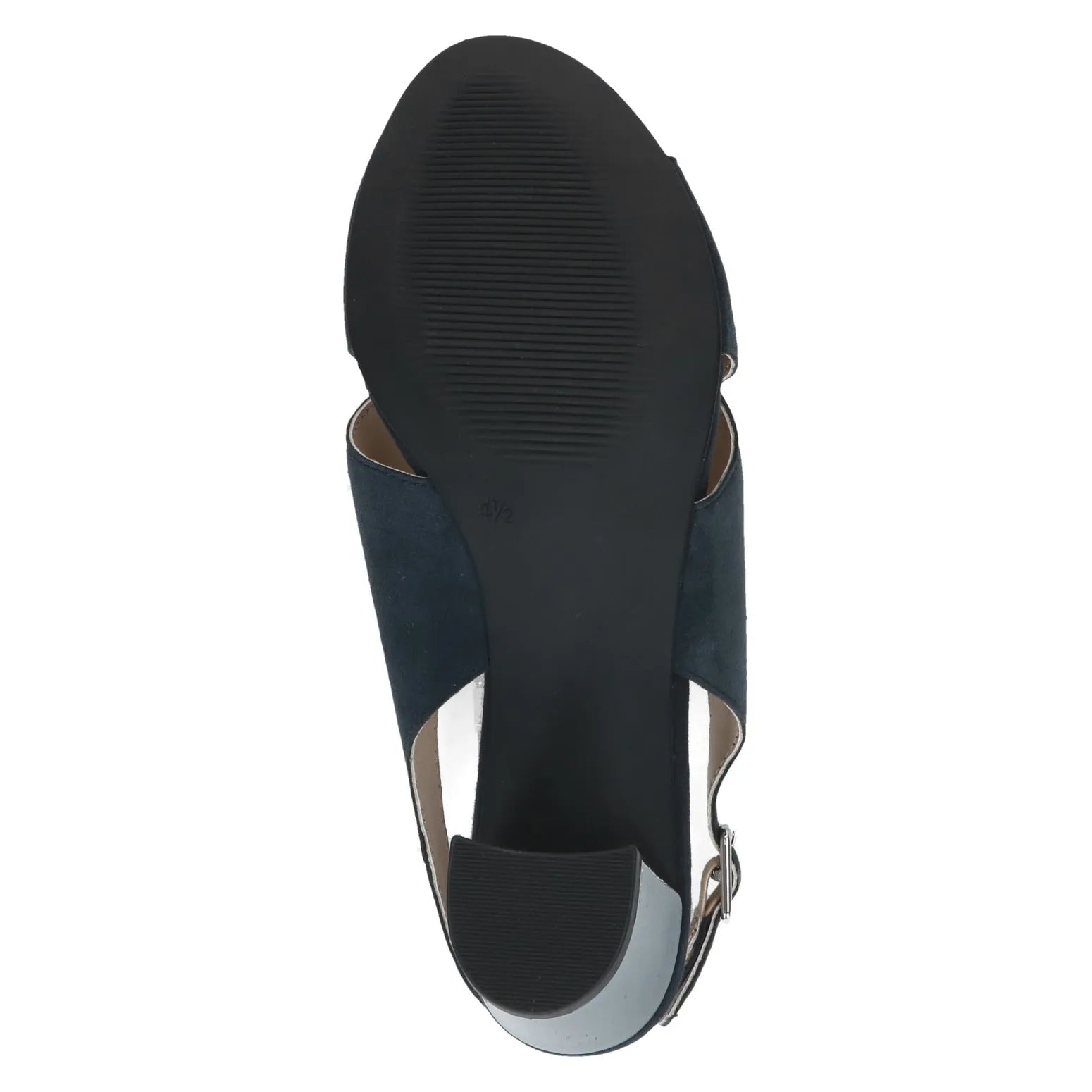 Caprice Women's Ocean Suede Buckle Sandals in navy with block heel and ankle strap.