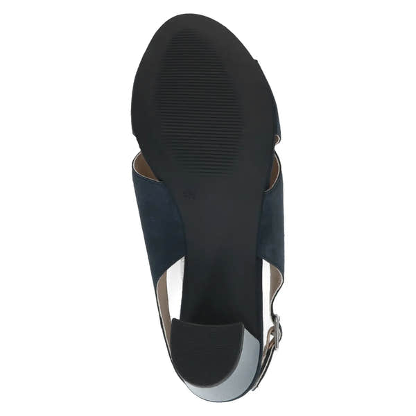 Caprice Women's Ocean Suede Buckle Sandals in navy with block heel and ankle strap.