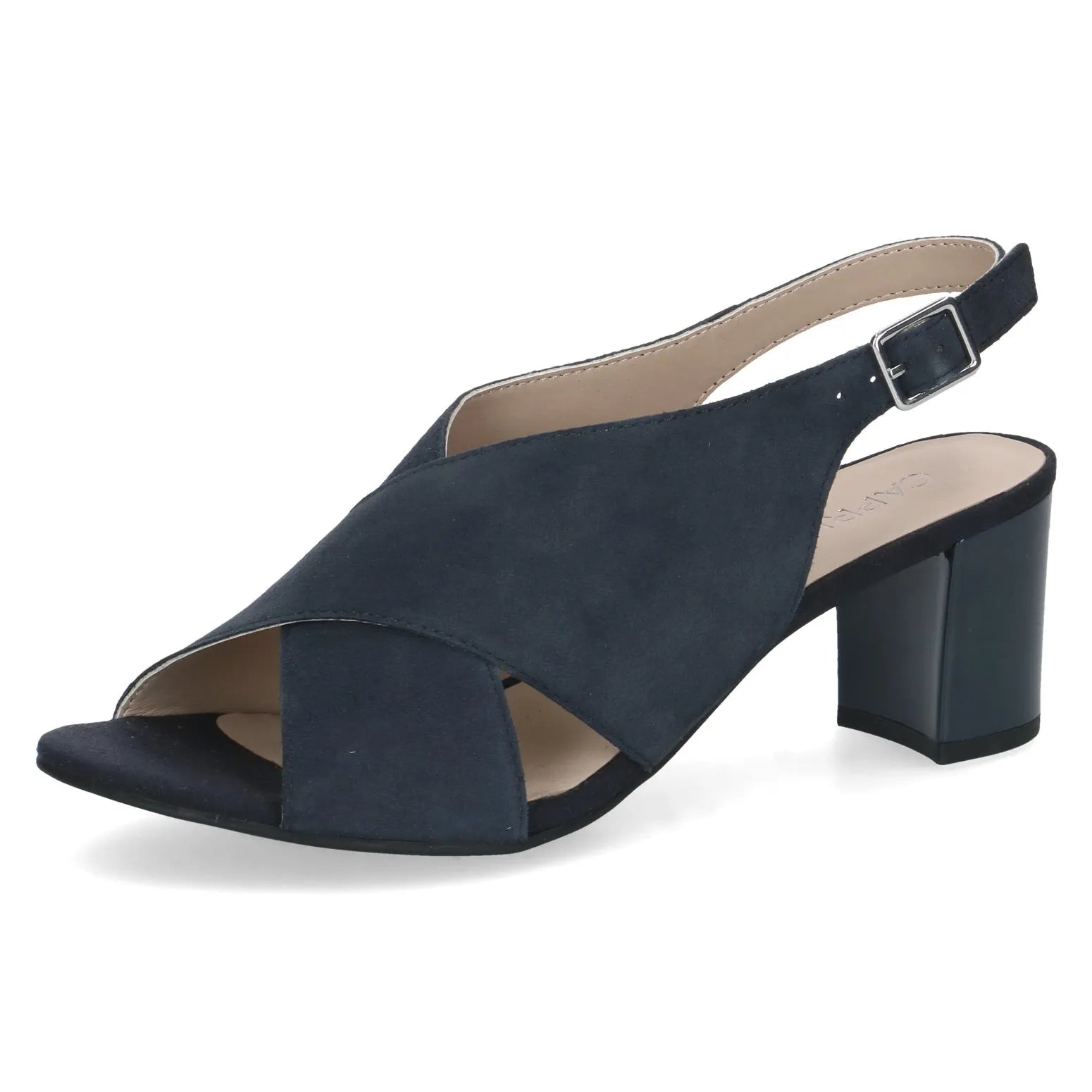 Caprice women's Ocean suede buckle sandals with open toe, slingback strap, and chunky heel.