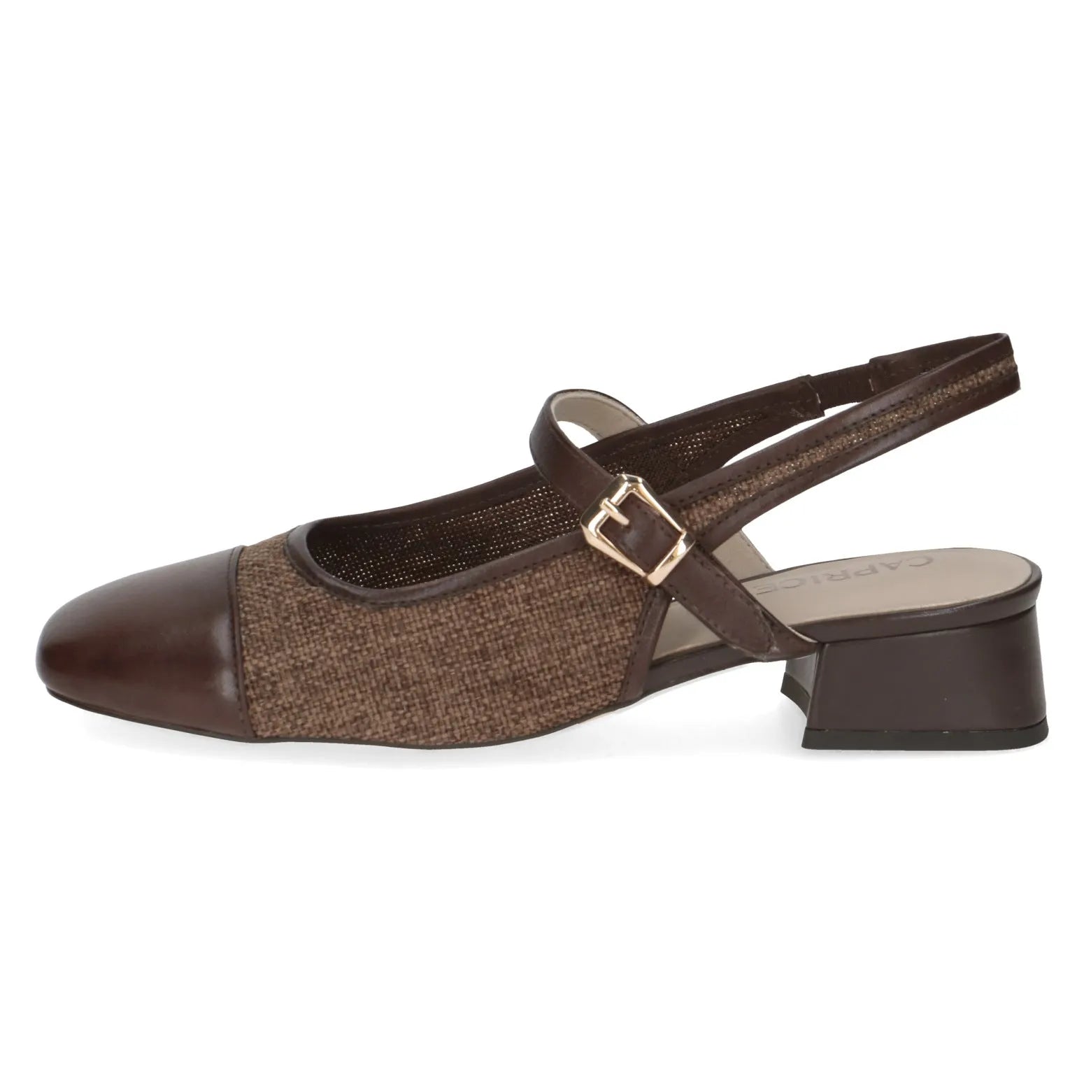Ladies dark brown leather and textile sling back shoes with a low block heel and buckle strap detail.