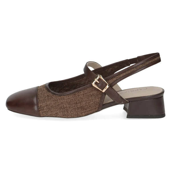 Ladies dark brown leather and textile sling back shoes with a low block heel and buckle strap detail.