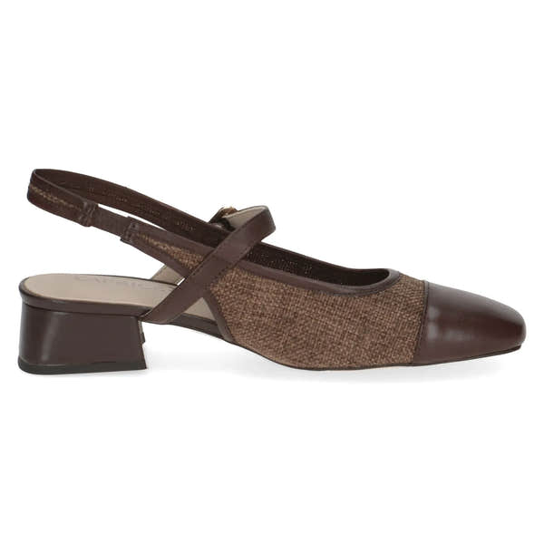 Ladies dark brown sling back shoes with leather and textile upper, rounded toe, and block heel.