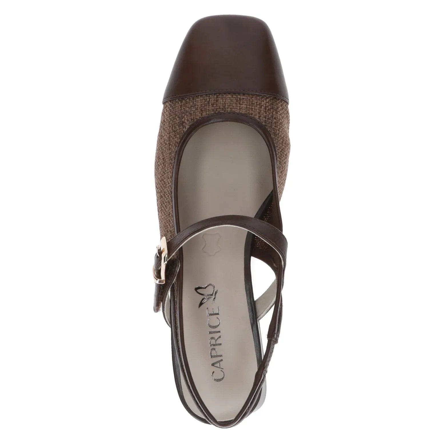 Ladies dark brown leather and textile sling back shoes with a closed toe and ankle strap, branded 