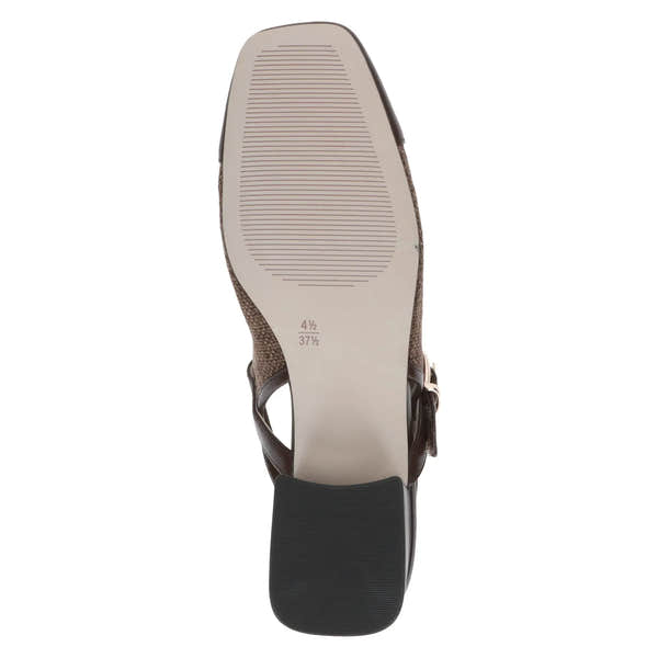 Dark brown leather and textile women's sling back shoes with a chunky heel and pointed toe.