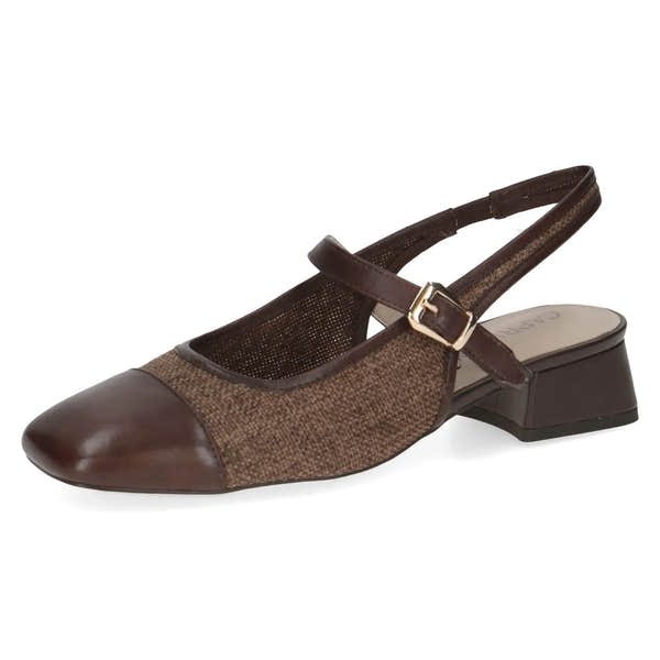 Ladies dark brown leather and textile sling back shoe with a low block heel and buckle strap detail.