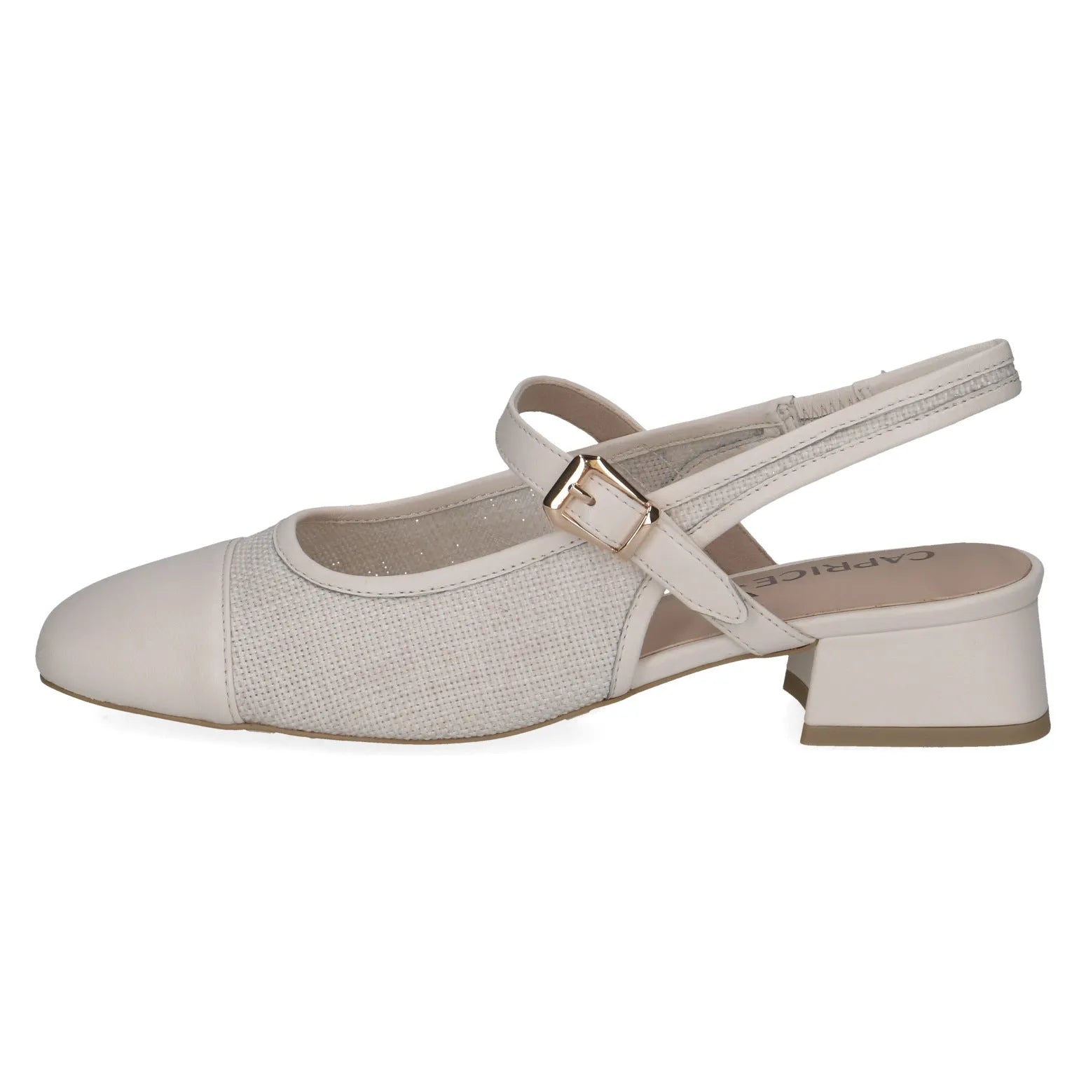 Ladies off-white leather and textile slingback shoes with a low block heel and adjustable strap.