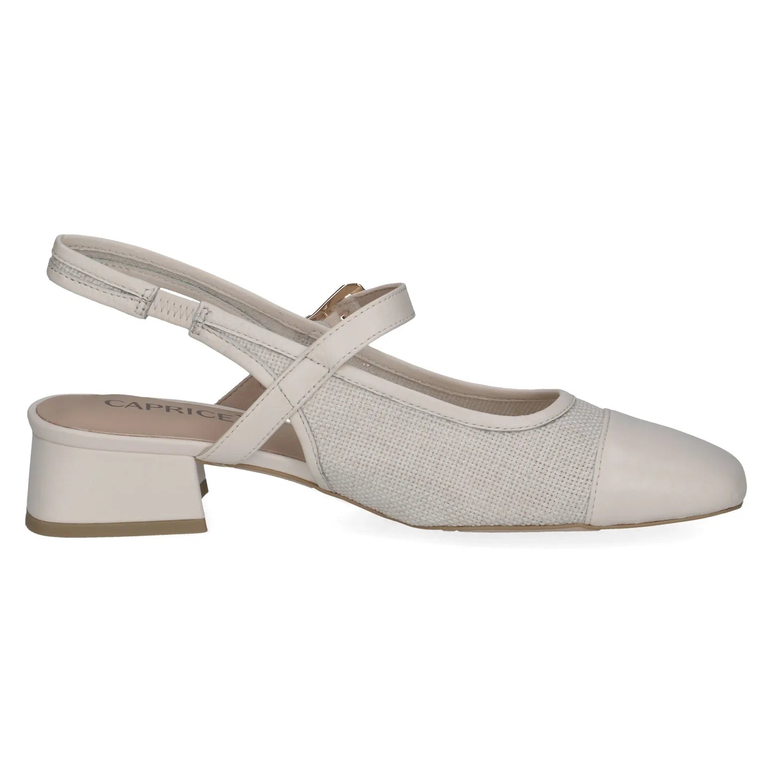 Ladies off-white leather and textile sling back shoes with a low block heel and cross straps.