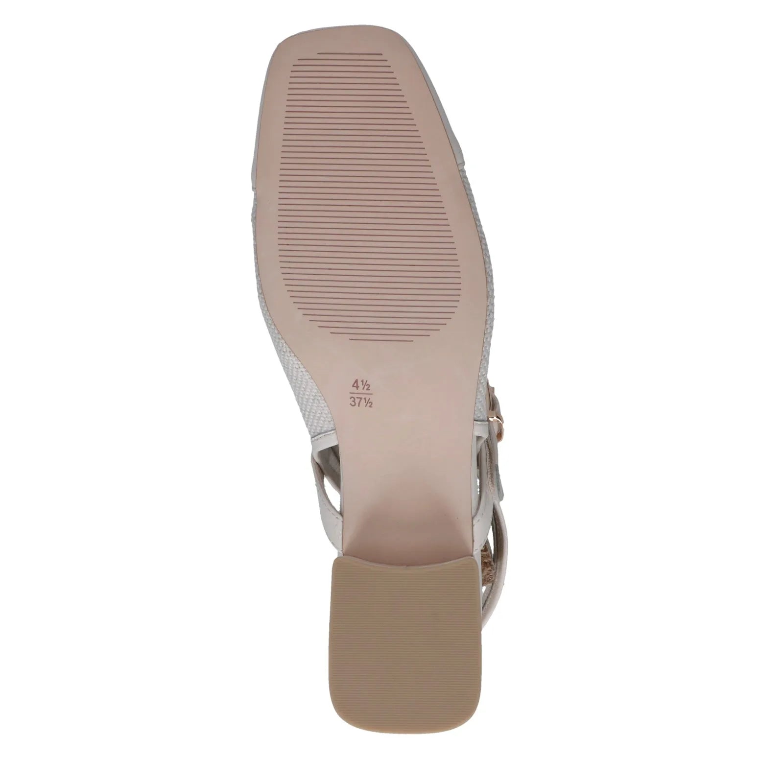 Ladies off-white leather and textile slingback shoes with a block heel and open toe.