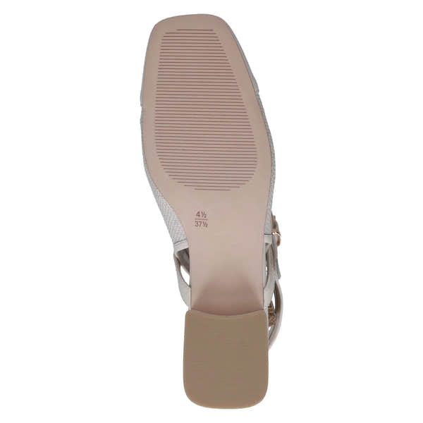 Ladies off-white leather and textile slingback shoes with a block heel and open toe.