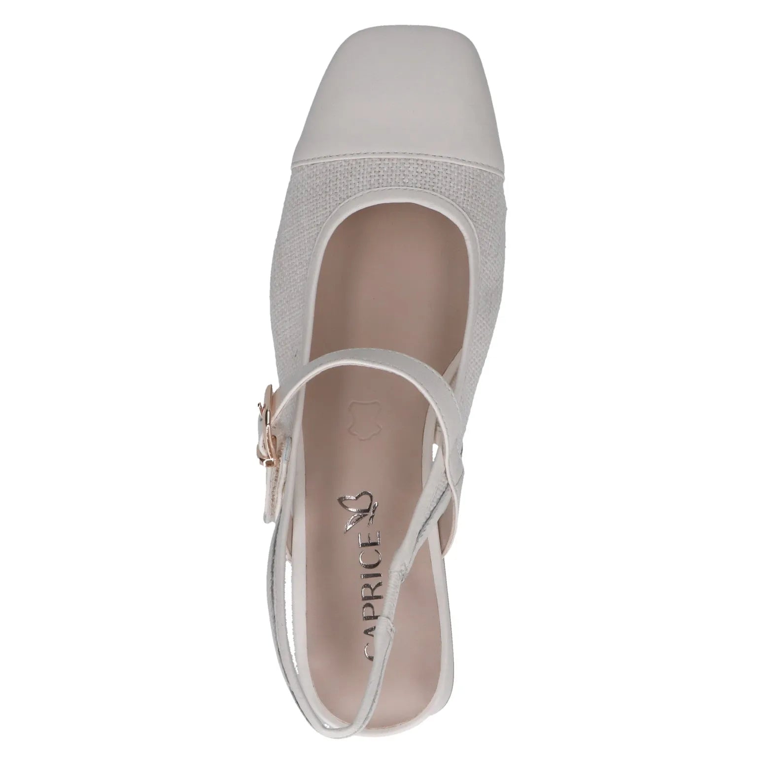 Ladies off-white leather and textile sling back shoes with a buckle strap, rounded toe, and cushioned interior.