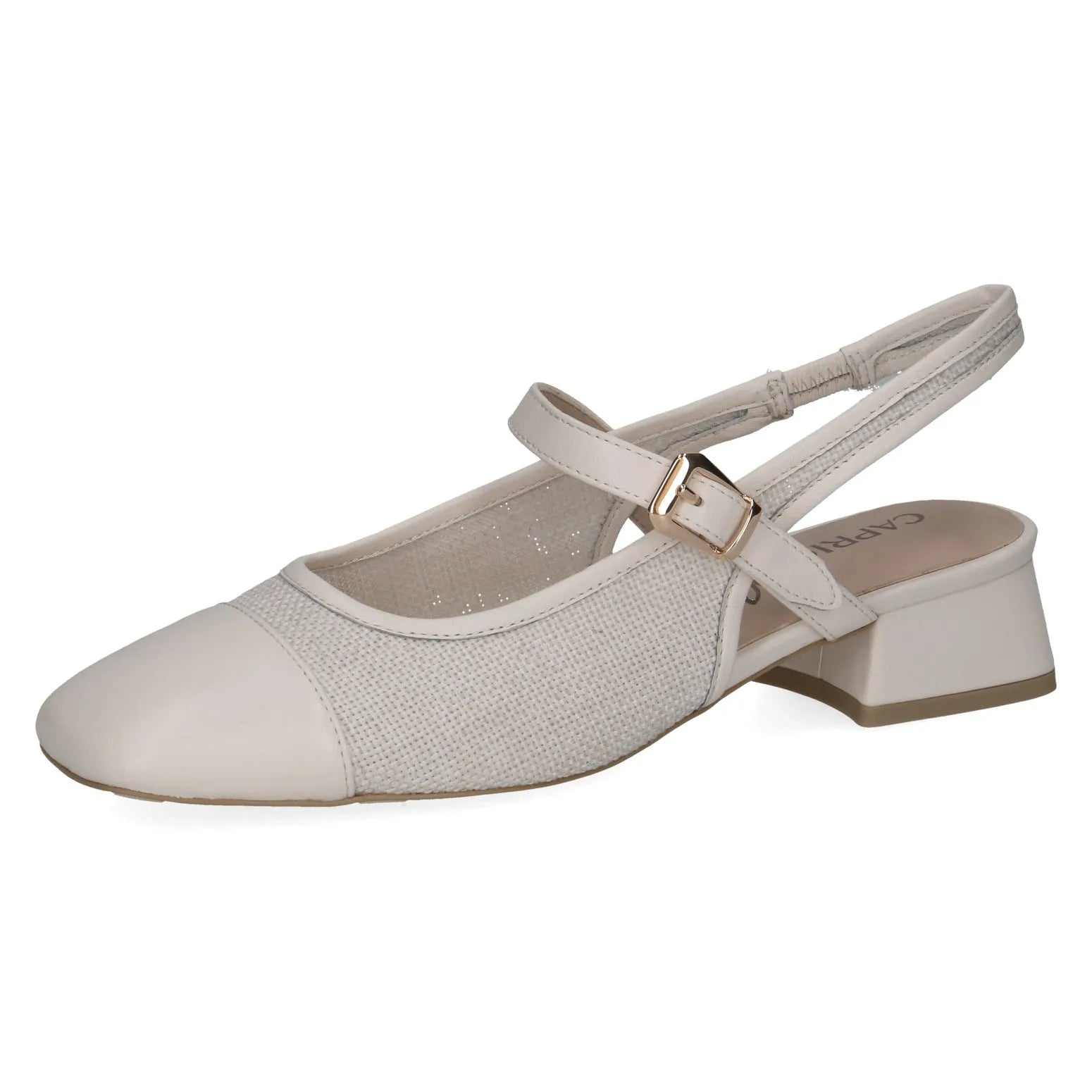 Ladies off-white leather and textile slingback shoe with a buckle strap and low block heel.