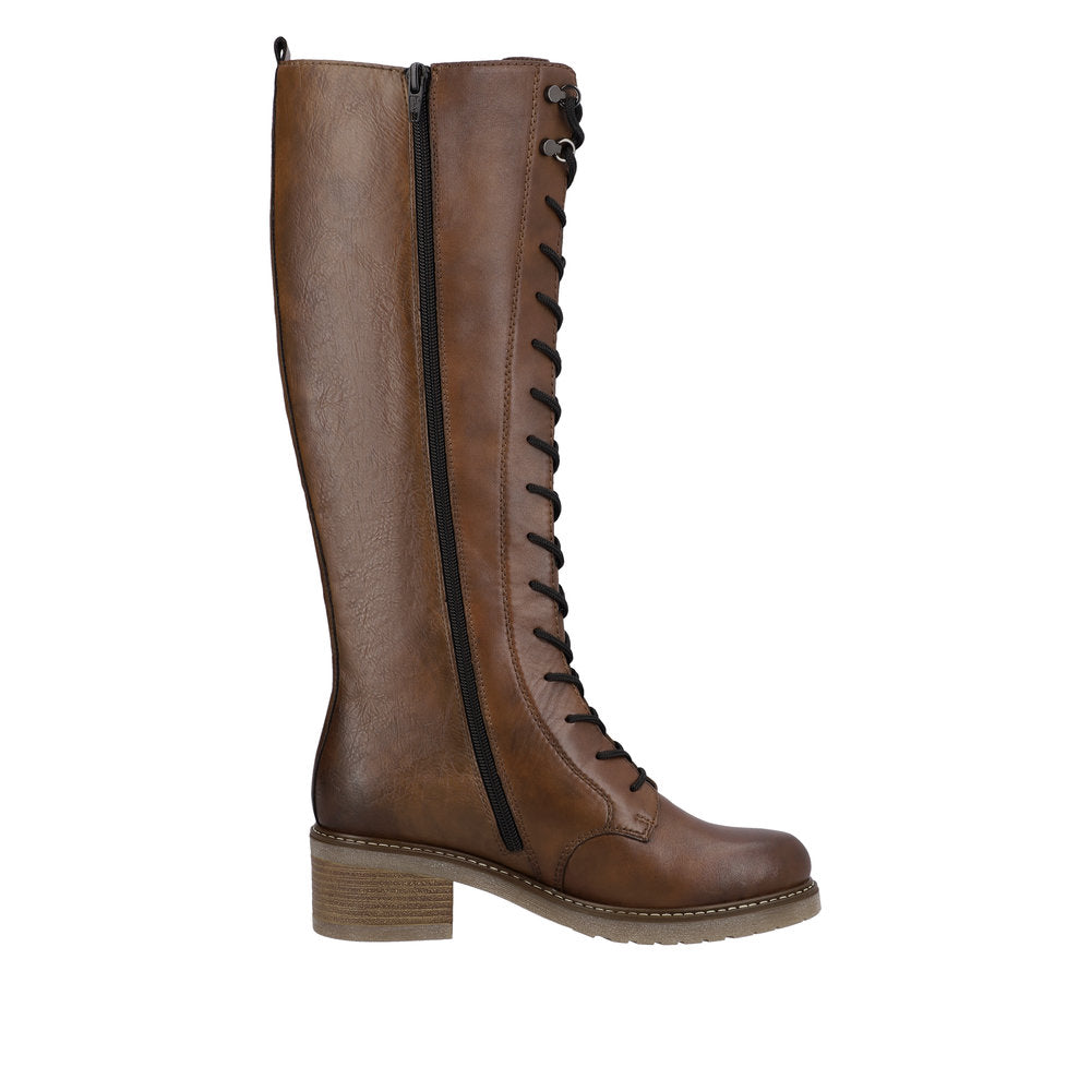 Remonte D1A74-22 Ladies Chestnut Brown Leather Zip & Lace Knee High Boots