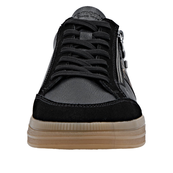 Remonte D2C04-03 Ladies Wide Black Leather Water Resistant Zip & Lace Trainers