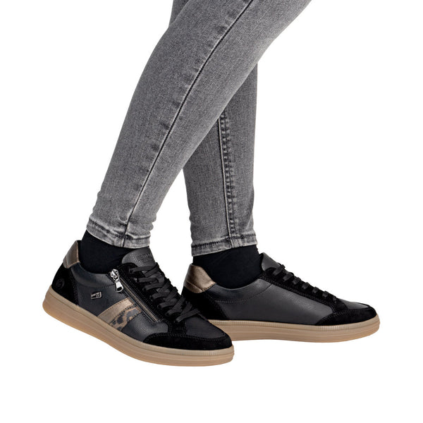 Remonte D2C04-03 Ladies Wide Black Leather Water Resistant Zip & Lace Trainers