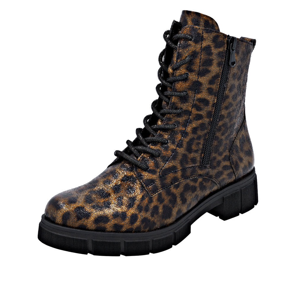 Remonte D2S72-90 Ladies Wide Animal Print Vegan Zip & Lace Ankle Boots