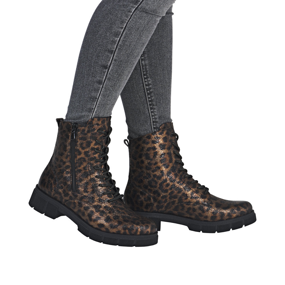 Remonte D2S72-90 Ladies Wide Animal Print Vegan Zip & Lace Ankle Boots
