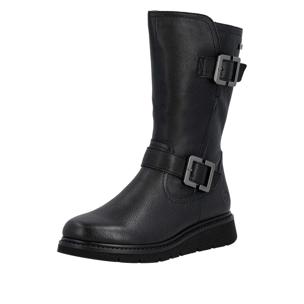 Remonte D3980-00 Ladies Wide Black Water Resistant Side Zip Mid-Calf Boots