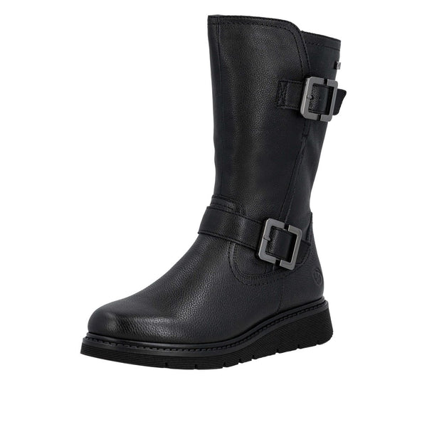 Remonte D3980-00 Ladies Wide Black Water Resistant Side Zip Mid-Calf Boots