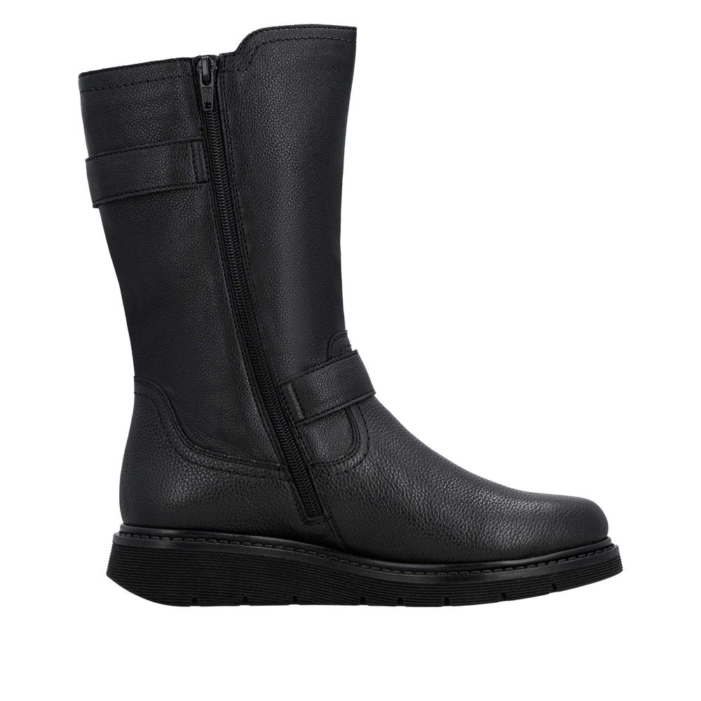 Remonte D3980-00 Ladies Wide Black Water Resistant Side Zip Mid-Calf Boots