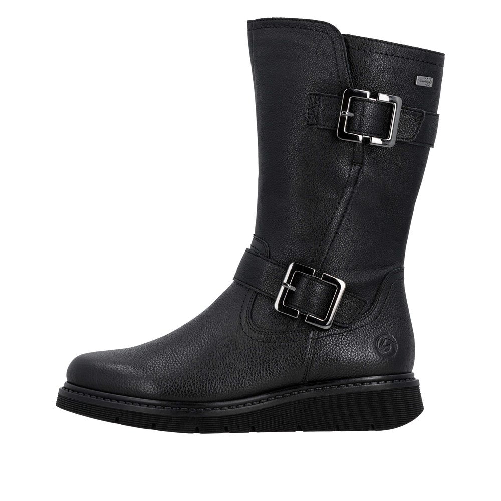 Remonte D3980-00 Ladies Wide Black Water Resistant Side Zip Mid-Calf Boots