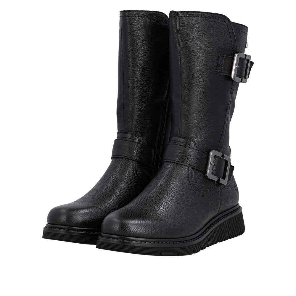 Remonte D3980-00 Ladies Wide Black Water Resistant Side Zip Mid-Calf Boots